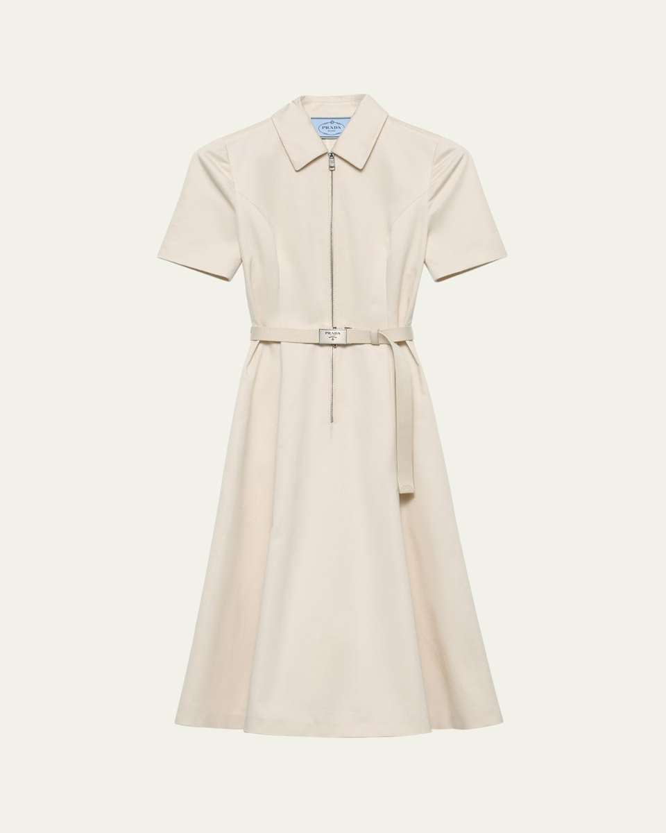 Short-Sleeve Belted Chino Midi Dress